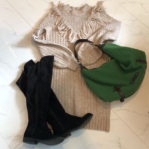 Beige knee length sweater dress with fringe detail